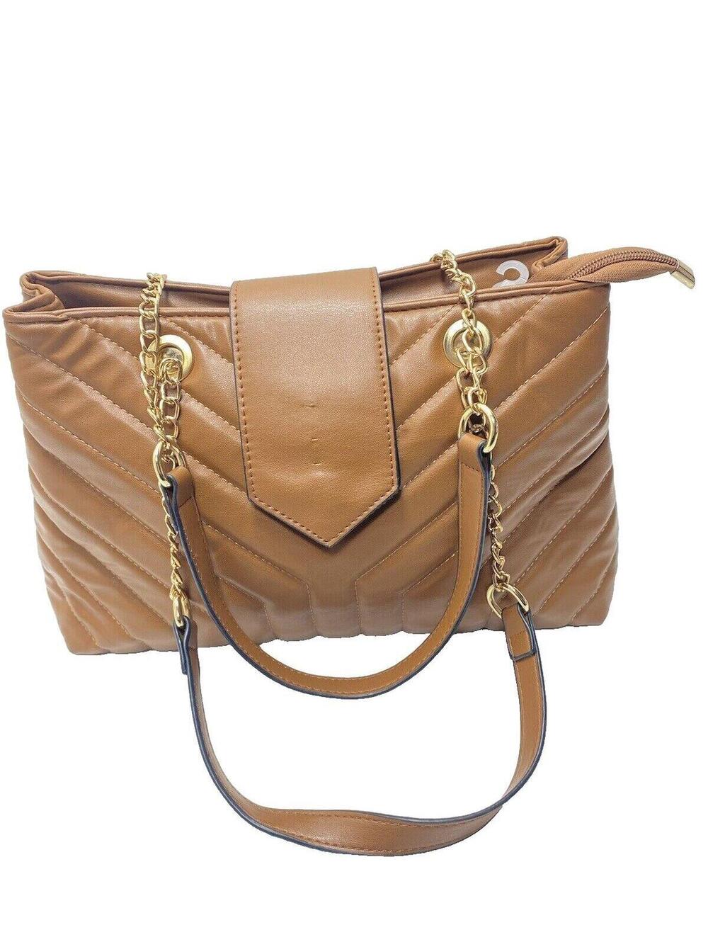 Women’s Tan Brown Faux Leather Handbag Zip 2 Pocket Padded Purse New As Is